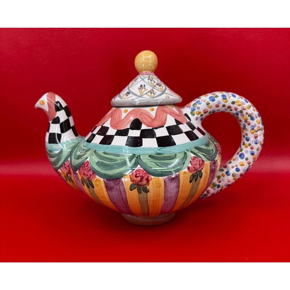 Mackenzie Childs Taylor Pattern Odd Fellows Teapot And Lid Majolica Super!